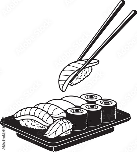 Black and White Vector Illustration of Sushi Platter and Chopsticks