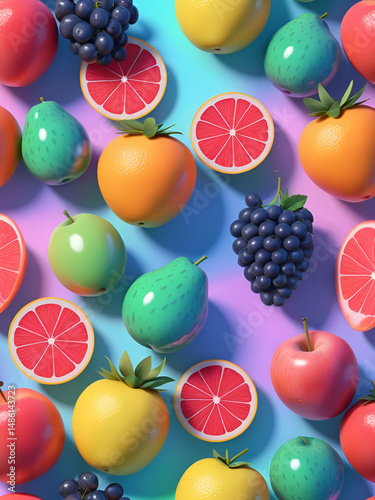 AIgenerated summer fruits with holographic effects, futuristic design, cool tones, 3D rendering, advanced technology