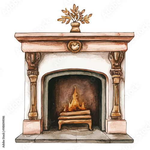 Victorian-style Fireplace With Brass Ornaments, watercolor vector, high quality, isolated on a white background.