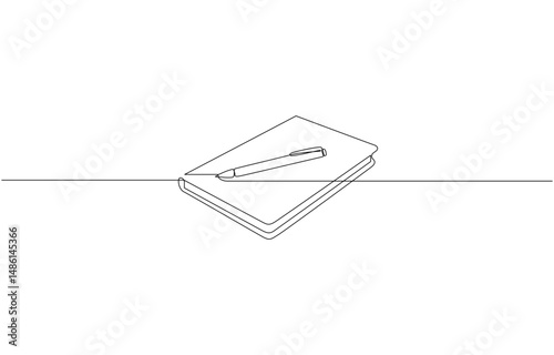 Opened book and pen in one continuous line drawing, Single continuous line drawing of notebook or notepad with a pencil above work desk. Writing business draft on office notes concept.