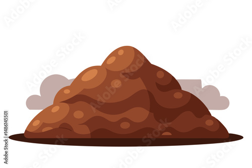 Cartoon brown dirt mound with clouds in the background creates whimsical scene