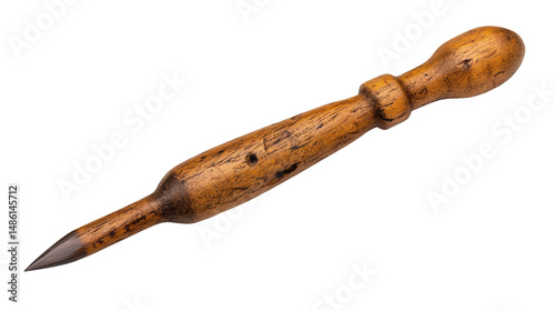 Vintage wooden awl with a dark brown, aged finish, isolated on a transparent background. The tool shows signs of wear and use, with a slightly tapered handle and a sharp metal point.