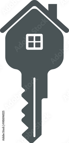 A house-shaped key graphic for real estate or home services. A simple, stylized graphic of a key with a house silhouette superimposed on its head.