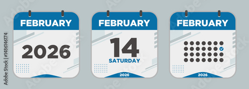 Modern Calendar icon. February. 2026 14 day. The concept of waiting for an important date. Day calendar with date February 14. Cheklist day calendar. Vector illustration.
