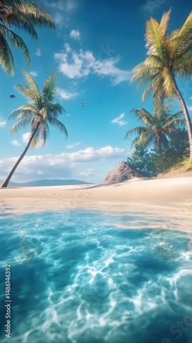 A tropical beach with crystal-clear water ocean island sandy.