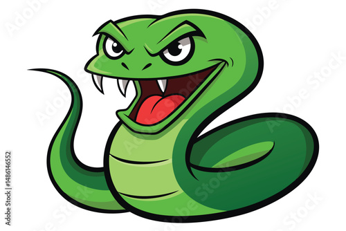Cartoon green snake with fangs shows aggression, conveying a threatening or fierce expression clearly