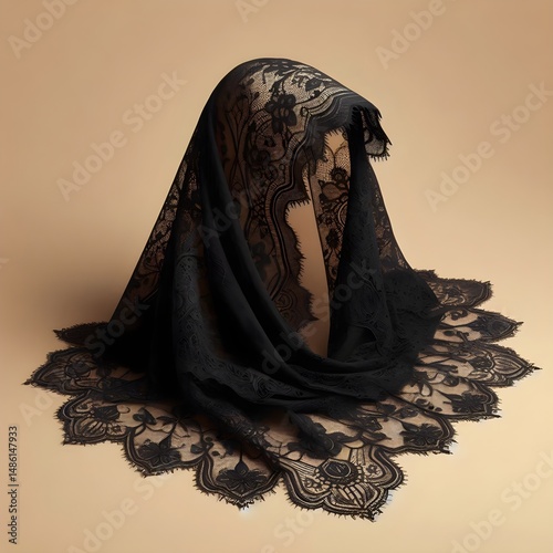 A traditional black mantilla lace shawl mockup folded neatly on an isolated beige surface with elegant soft lighting