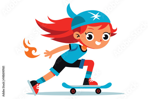 Cartoon redhaired girl wearing blue cap skating on a skateboard and smiling joyfully