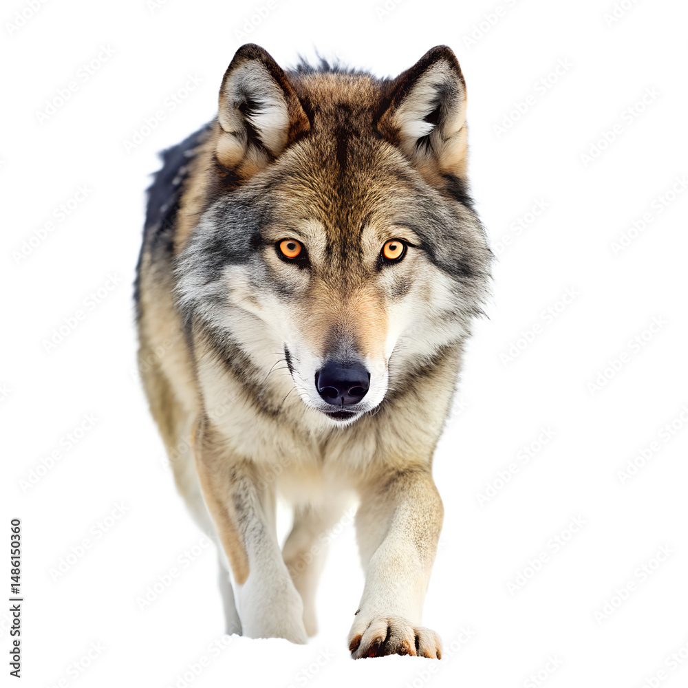 Fototapeta premium A gray wolf with piercing yellow eyes walks forward against a white background.