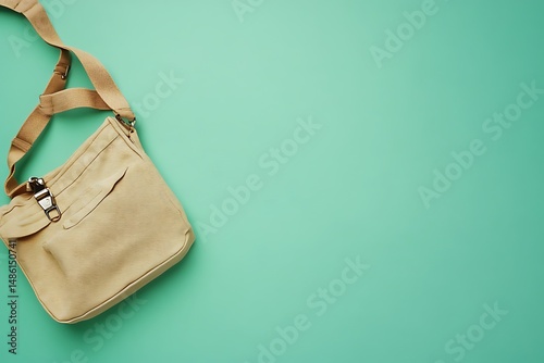 Beige bag on a turquoise surface