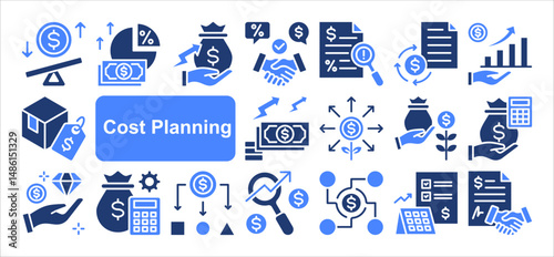 Cost planning icon collection set. Containing budget, expense, investment, estimate, overhead, allocation, funding icon. Simple flat vector.