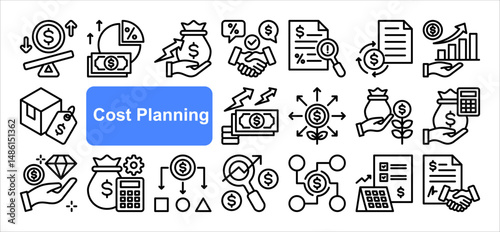 Cost planning icon collection set. Containing budget, expense, investment, estimate, overhead, allocation, funding icon. Simple line vector.