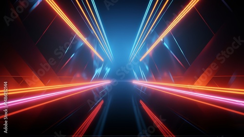 Long, dark tunnel with bright orange and blue lights. The tunnel is empty and the lights are on, creating a futuristic and mysterious atmosphere. The colors of the lights are vibrant