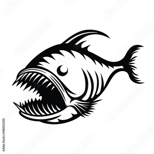 Piranha Fish Silhouette, Sharp Teeth, Fins, Black And White, Aggressive, Dangerous