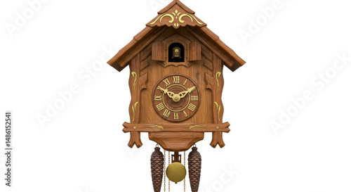 Isolated Detailed Wooden Cuckoo Clock with Pendulum