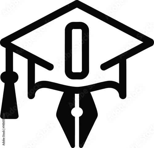 Graduation cap and pen icon representing education and knowledge. A simple, black and white icon depicting a graduation cap with a pen attached.