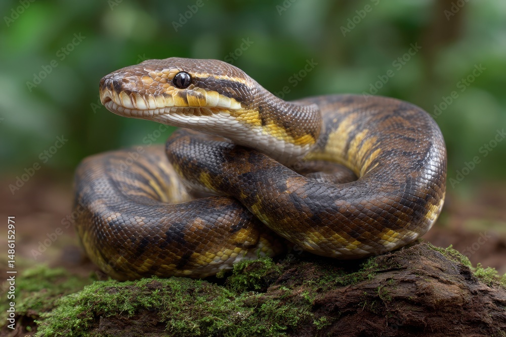 Fototapeta premium Snake Coiled on Mossy Log in Natural Setting
