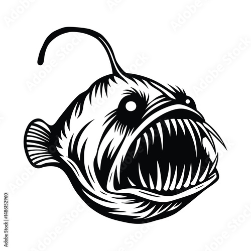 Deep Sea Anglerfish Predator Silhouette with Sharp Teeth and Lure on a White Backdrop