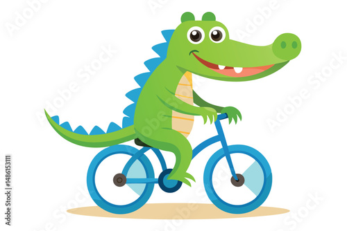 Cheerful green alligator happily rides a blue bicycle, enjoying the outdoor adventure under bright light