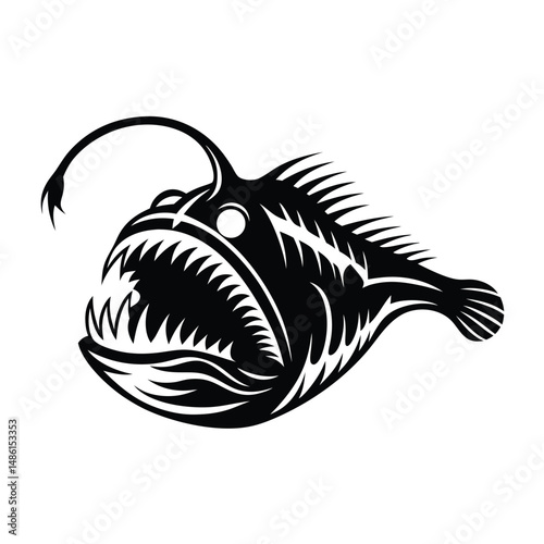 Black Silhouette of a Anglerfish with Sharp Teeth and Light Antenna on a White Background