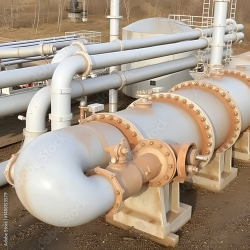 Pavlodar region, Kazakhstan - 12.10.2015 : Pipes and tanks with a centrifuge for processing sulfide ore photo