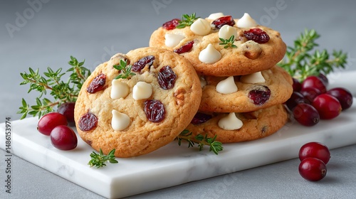 A close view of cranberry white chocolate cookies dotted with dried cranberries and white chips, arranged on a white cutting board alongside fresh cranberries and a few sprigs of thyme