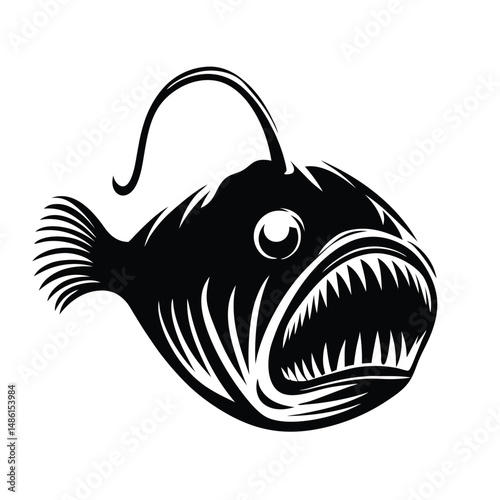 Monochrome Anglerfish with Bioluminescent Lure in Stylized Black & White Silhouette