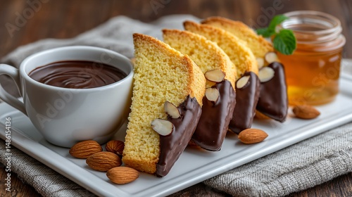 A group of almond flour biscotti dipped halfway in dark chocolate, sprinkled with chopped almonds, lined up on a white tray with a small jar of honey for dunking accompaniment