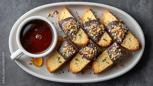 A group of almond flour biscotti dipped halfway in dark chocolate, sprinkled with chopped almonds, lined up on a white tray with a small jar of honey for dunking accompaniment