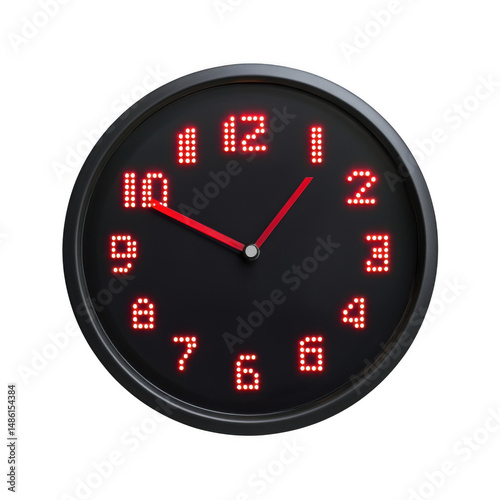 Digital black wall clock with red lights on transparent background.