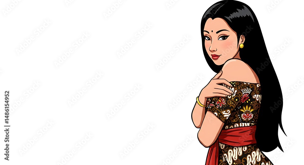 Fototapeta premium a comic cartoon sexy pose sensual Javanese woman wearing kemben batik, isolated white screen background