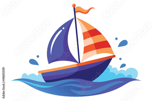 Colorful sailboat sails through ocean waves with a vibrant orange flag waving gently
