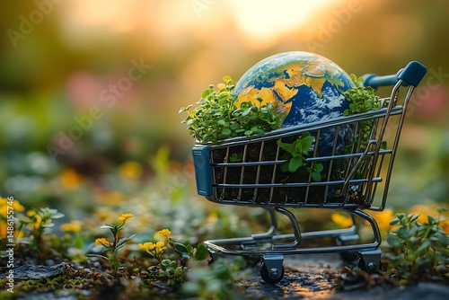 Earth globe in shopping cart symbolizing environmental preservation and green planet concepts