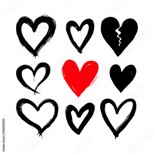 Set of nine hand-drawn heart shapes in black and red ink, painted with brush strokes on a white background, expressing love and emotion concepts