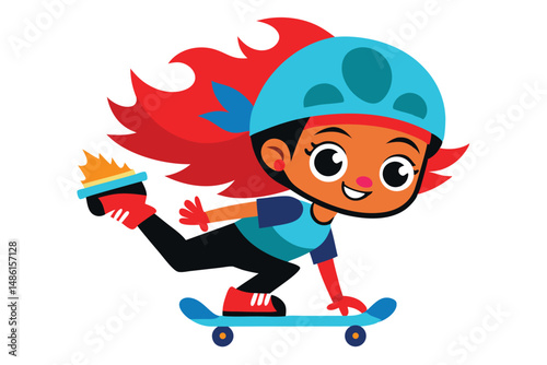 Energetic girl with vibrant red hair and a helmet rides the blue skateboard happily