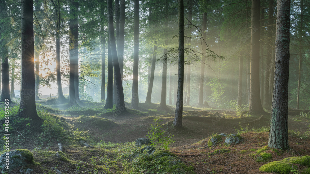 Obraz premium Serene sunlight shining through the trees in a misty forest landscape at dawn