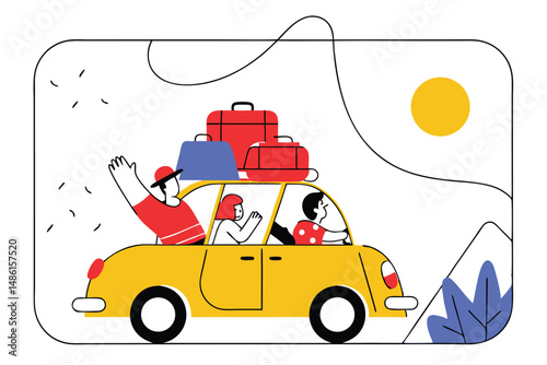 Excited family drives yellow car with luggage under summer sun, cheerful vacation begins