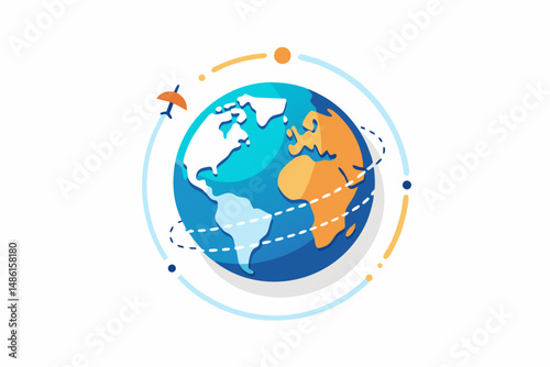 globe with flying airplane icon