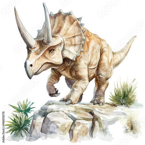 watercolor of Triceratops Roaming A Rocky Plateau, vector high quality, isolated on a white background.