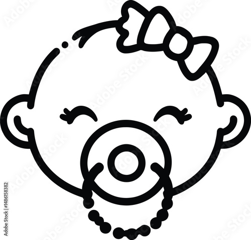 Black and white vector illustration of a baby’s face with closed eyes, a pacifier in the mouth, a bow on the head, and an unusual humorous element—a beard—adding a playful twist to the classic infant 