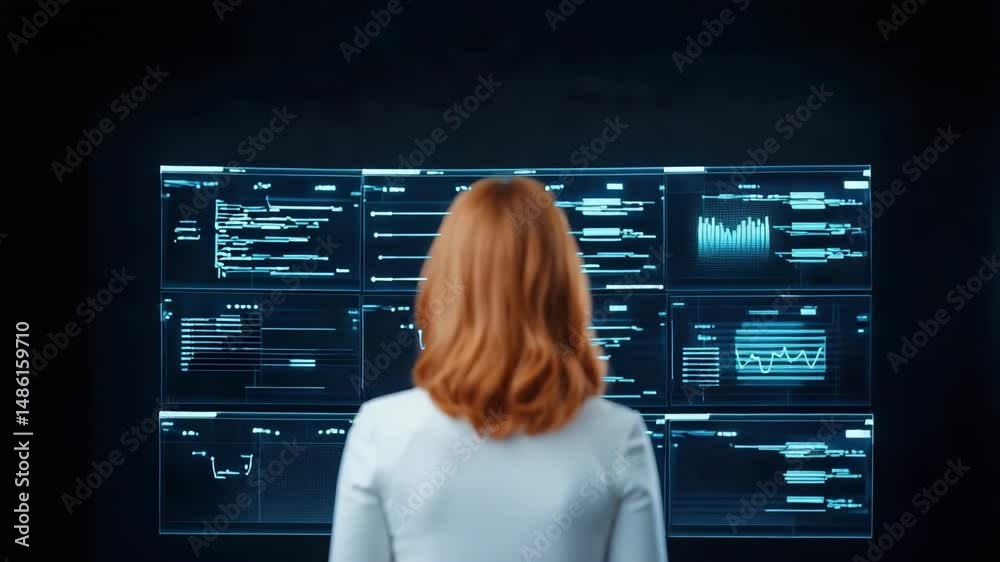 A woman with long red hair gazes at a series of digital screens filled with data and graphs in a modern tech environment.