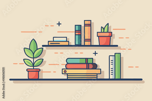 wall shelf books vase plant icon