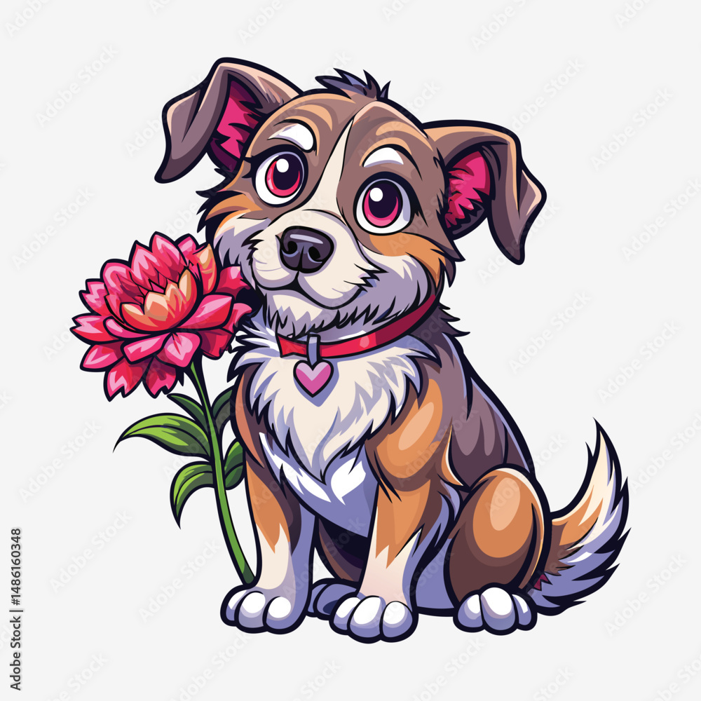 Fototapeta premium Cute Cartoon Dog Holding a Flower – Adorable Dog Art Illustration