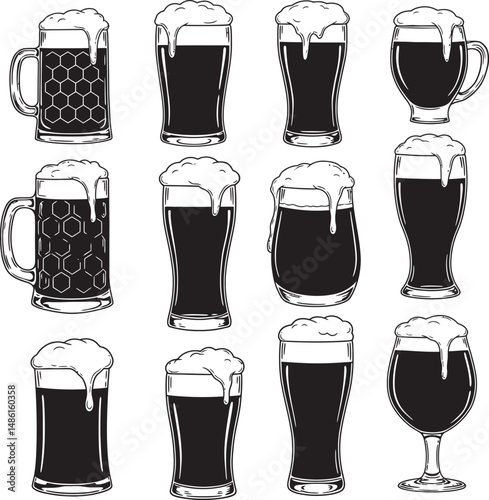  Beer Glass and Mugs Collection Silhouettes White Color Background