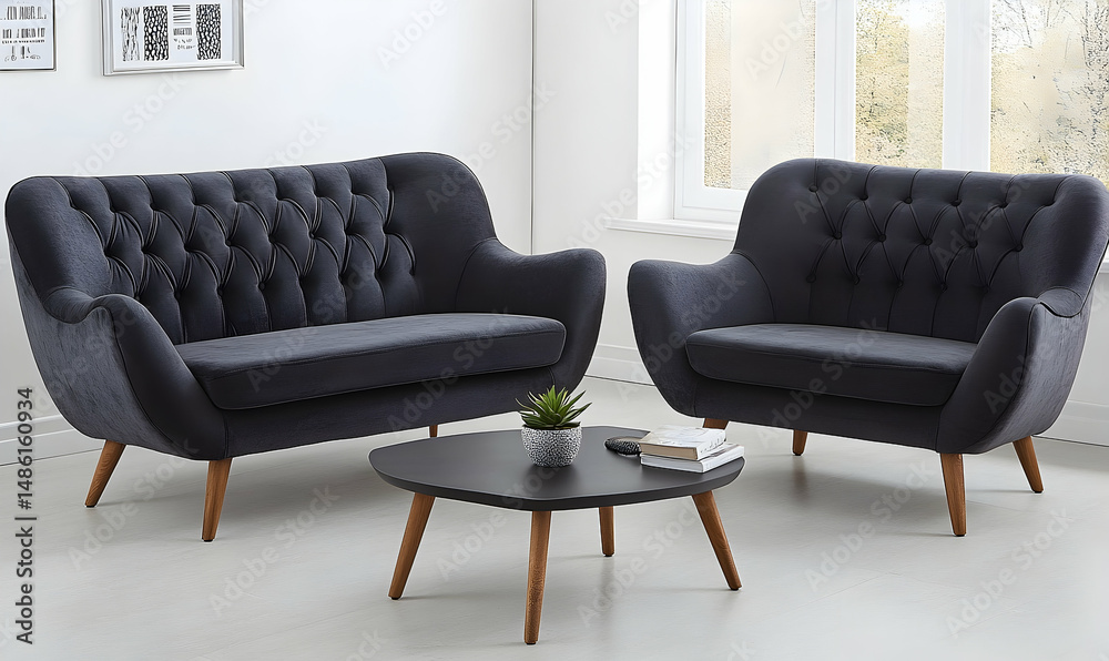 Fototapeta premium Modern dark gray sofa set with wooden legs in living room interior