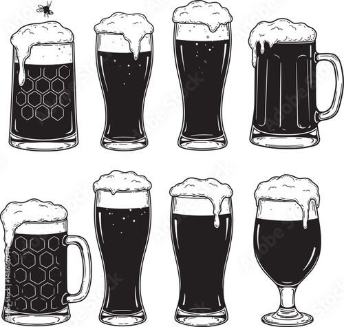  Beer Glass and Mugs Collection Silhouettes White Color Background