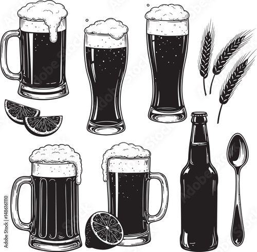  Beer Glass and Mugs Collection Silhouettes White Color Background