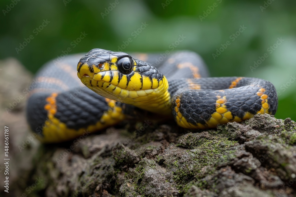 Obraz premium Snake Resting on Log with Striking Yellow and Black Pattern