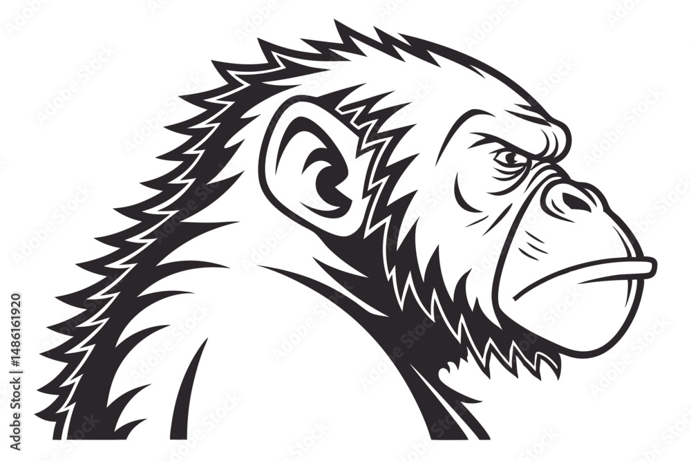 Fototapeta premium Angry Gorilla Face in Black and White Outline Style, Fierce Animal Head