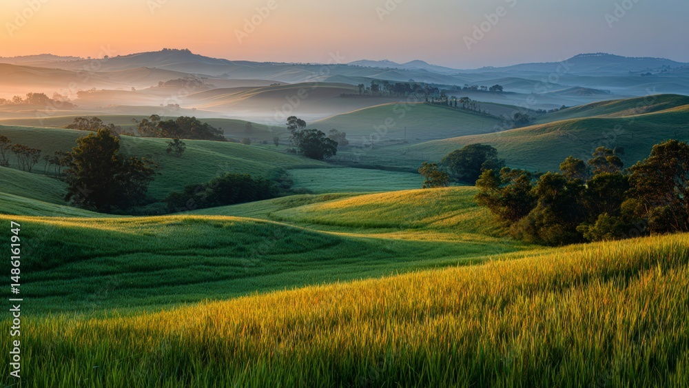 Fototapeta premium Early Morning Sunlight Over Gentle Hills